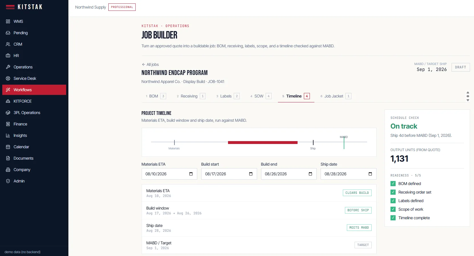 Turn a quote into a buildable job, a Kitstak product screen